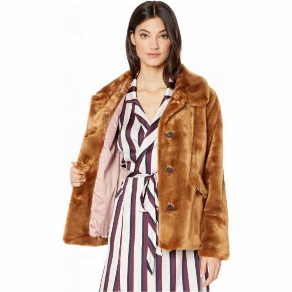 Kate Spade Caramel Brown Faux Mink Fur Coat with Silky Pink Lining SZ L NWT - Picture 7 of 16